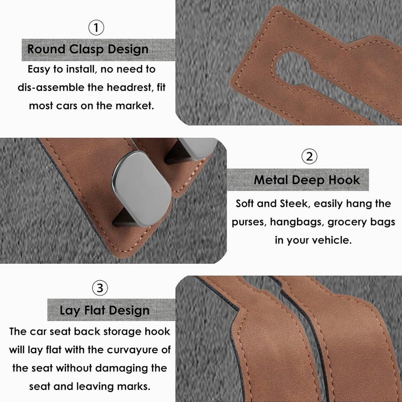 DYREOOE Purse Hook for Car, Thickened Leather Sturdy Metal Car Hooks for Purses and Bags Cute (Brown- 4 Pack) - Image 5